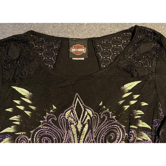 Vintage HARLEY DAVIDSON Lace Back Rhinestone Women's LONG SLEEVE black SMALL - Picture 3 of 15